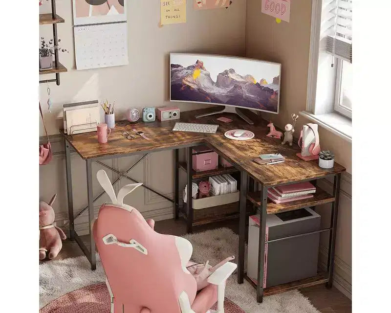 Bestier Bureau d'angle en forme de L de 47'', bureau d'ordinateur réversible avec étagères réglables, table d'étude pour 2 personnes, idéal pour les petits espaces de bureau à domicile