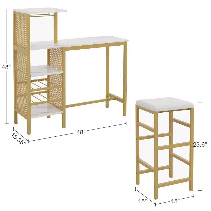 VECELO Ensemble de salle à manger 3 pièces hauteur comptoir avec table et chaises de bar pour 2, porte-gobelets et porte-bouteilles, tabourets en cuir PU, marron/doré