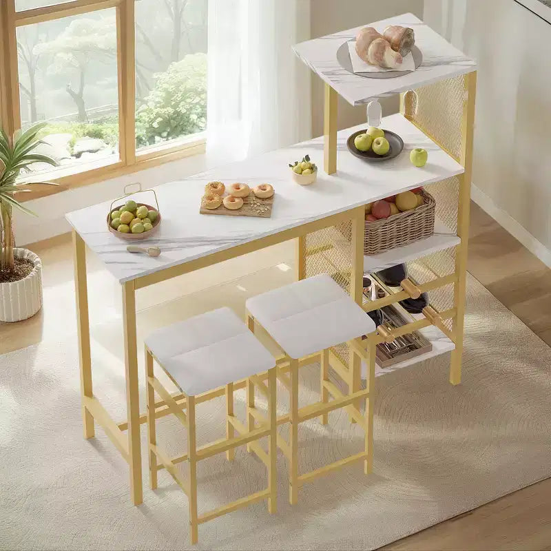 VECELO Ensemble de salle à manger 3 pièces hauteur comptoir avec table et chaises de bar pour 2, porte-gobelets et porte-bouteilles, tabourets en cuir PU, marron/doré