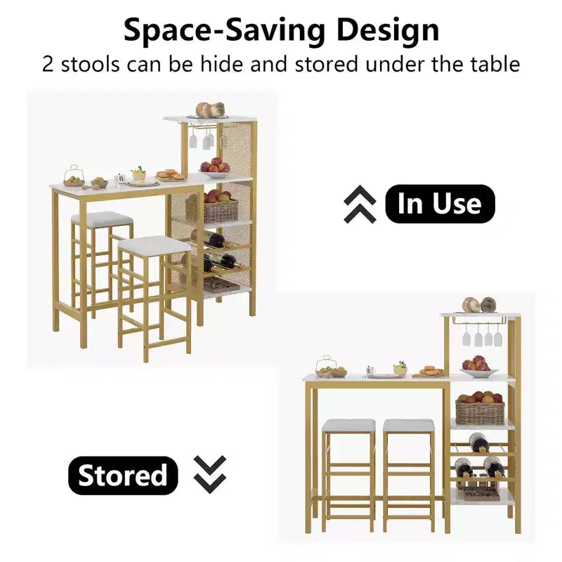 VECELO Ensemble de salle à manger 3 pièces hauteur comptoir avec table et chaises de bar pour 2, porte-gobelets et porte-bouteilles, tabourets en cuir PU, marron/doré