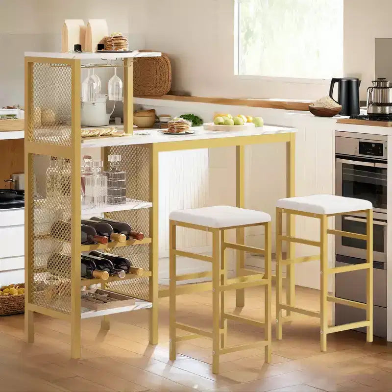 VECELO Ensemble de salle à manger 3 pièces hauteur comptoir avec table et chaises de bar pour 2, porte-gobelets et porte-bouteilles, tabourets en cuir PU, marron/doré