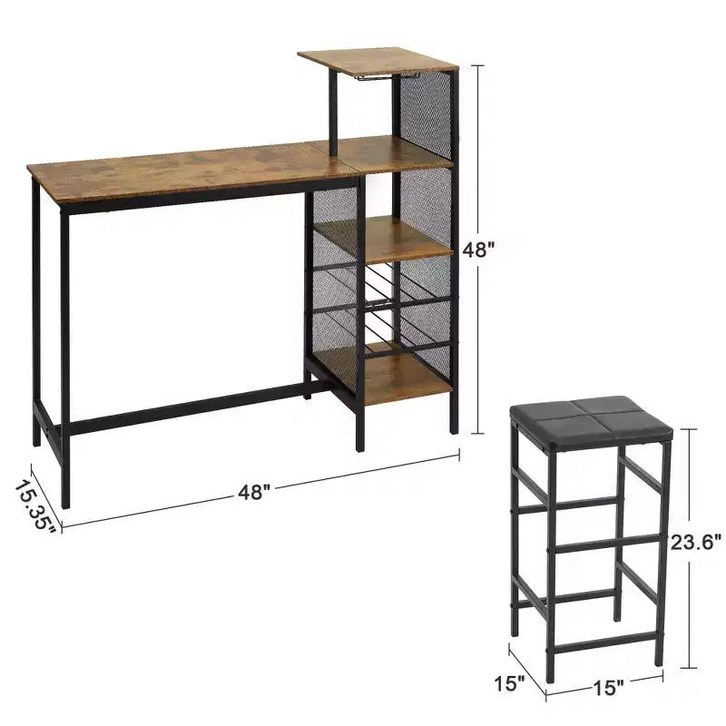 VECELO Ensemble de salle à manger 3 pièces hauteur comptoir avec table et chaises de bar pour 2, porte-gobelets et porte-bouteilles, tabourets en cuir PU, marron/doré