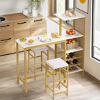 VECELO Ensemble de salle à manger 3 pièces hauteur comptoir avec table et chaises de bar pour 2, porte-gobelets et porte-bouteilles, tabourets en cuir PU, marron/doré