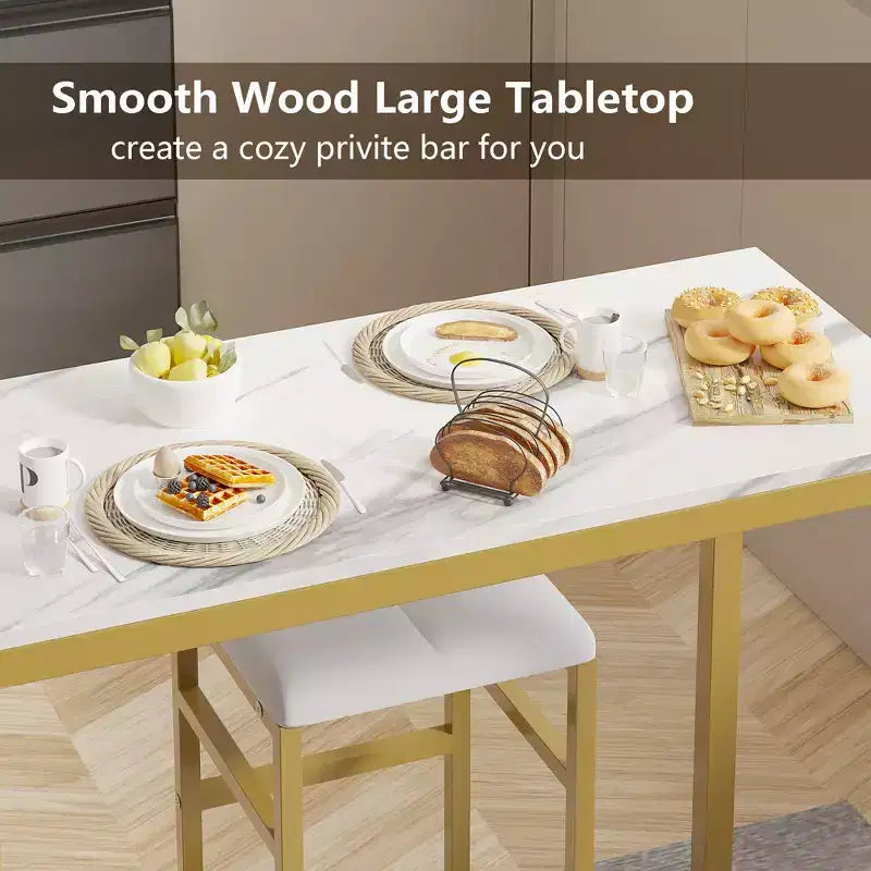 VECELO Ensemble de salle à manger 3 pièces hauteur comptoir avec table et chaises de bar pour 2, porte-gobelets et porte-bouteilles, tabourets en cuir PU, marron/doré
