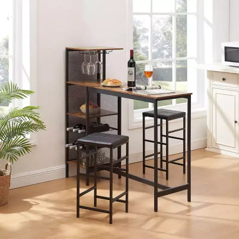 VECELO Ensemble de salle à manger 3 pièces hauteur comptoir avec table et chaises de bar pour 2, porte-gobelets et porte-bouteilles, tabourets en cuir PU, marron/doré