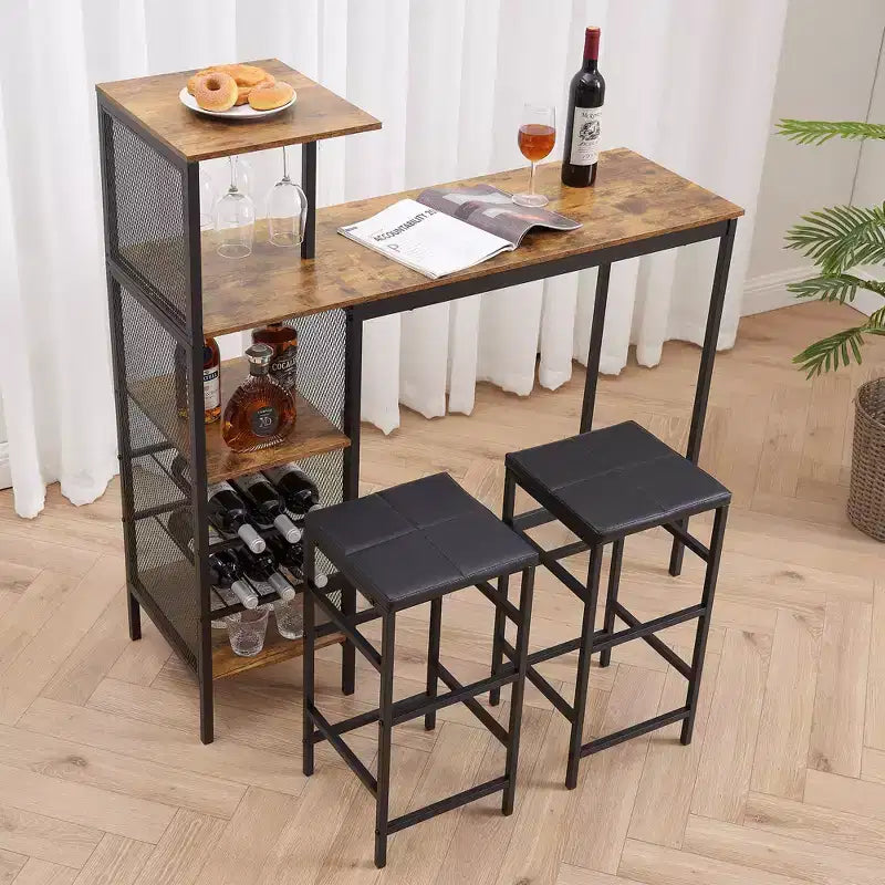 VECELO Ensemble de salle à manger 3 pièces hauteur comptoir avec table et chaises de bar pour 2, porte-gobelets et porte-bouteilles, tabourets en cuir PU, marron/doré