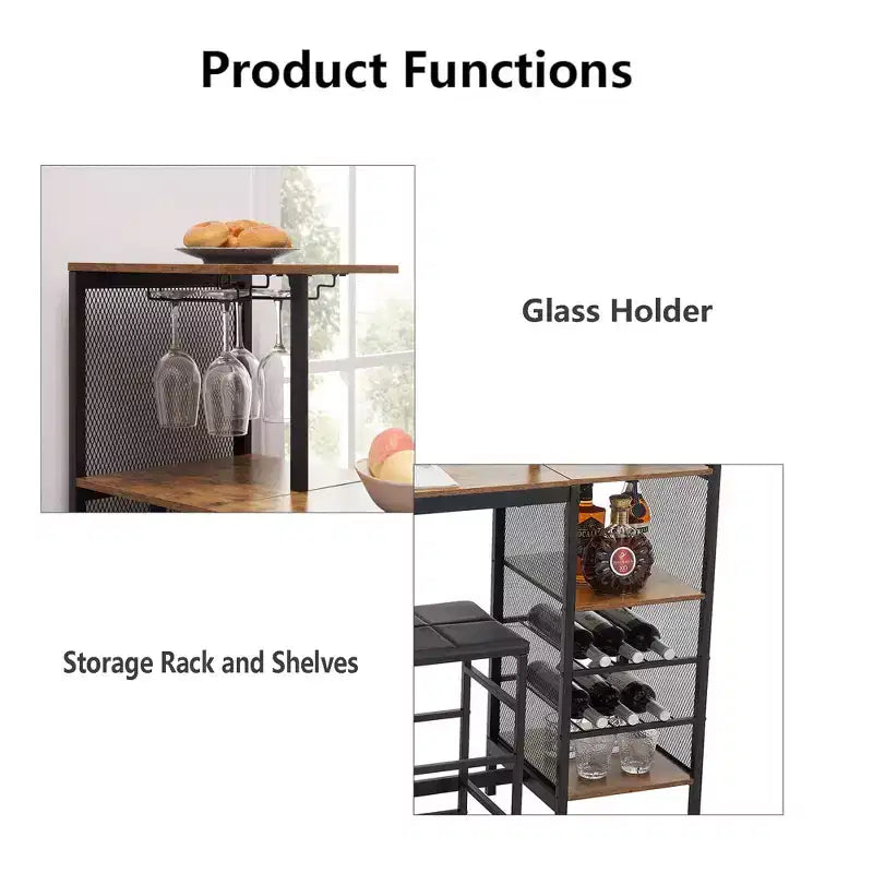 VECELO Ensemble de salle à manger 3 pièces hauteur comptoir avec table et chaises de bar pour 2, porte-gobelets et porte-bouteilles, tabourets en cuir PU, marron/doré