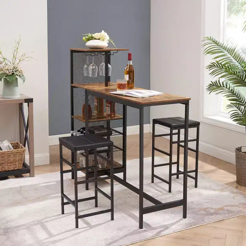 VECELO Ensemble de salle à manger 3 pièces hauteur comptoir avec table et chaises de bar pour 2, porte-gobelets et porte-bouteilles, tabourets en cuir PU, marron/doré