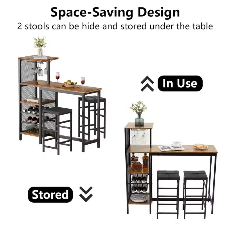 VECELO Ensemble de salle à manger 3 pièces hauteur comptoir avec table et chaises de bar pour 2, porte-gobelets et porte-bouteilles, tabourets en cuir PU, marron/doré