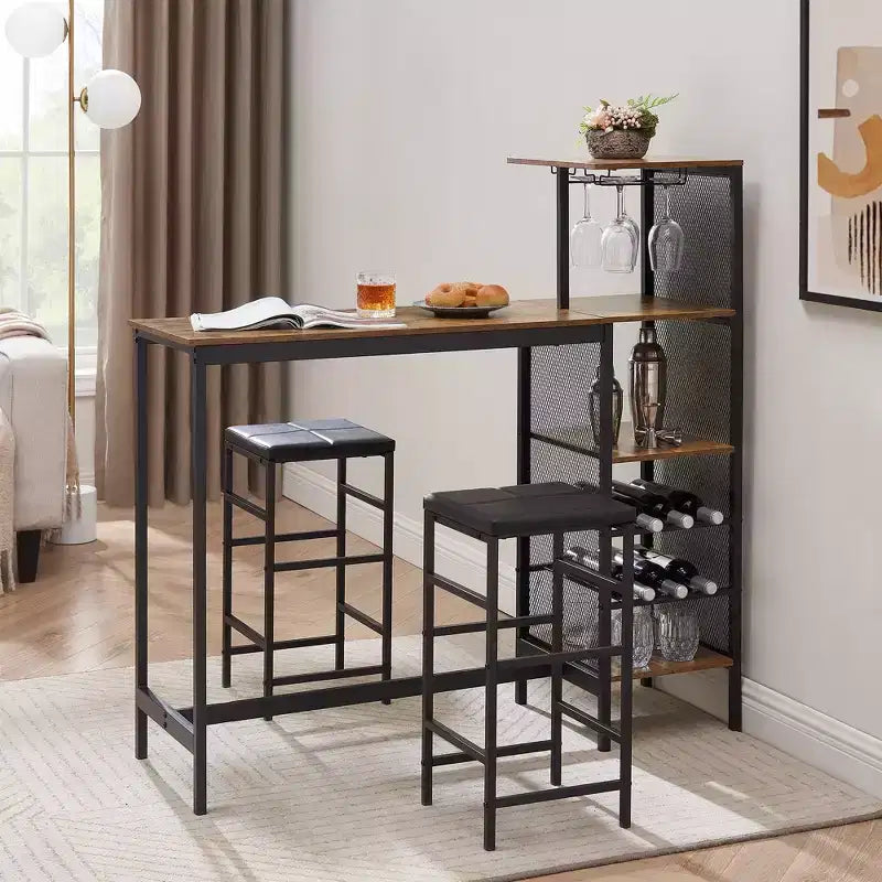 VECELO Ensemble de salle à manger 3 pièces hauteur comptoir avec table et chaises de bar pour 2, porte-gobelets et porte-bouteilles, tabourets en cuir PU, marron/doré
