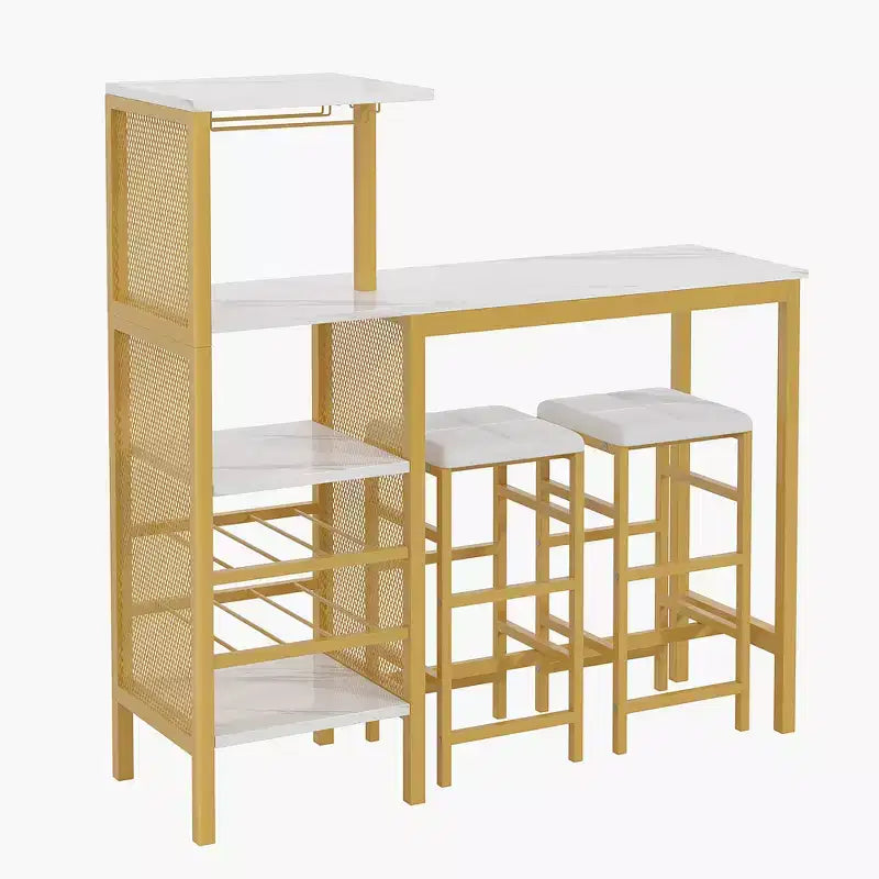 VECELO Ensemble de salle à manger 3 pièces hauteur comptoir avec table et chaises de bar pour 2, porte-gobelets et porte-bouteilles, tabourets en cuir PU, marron/doré