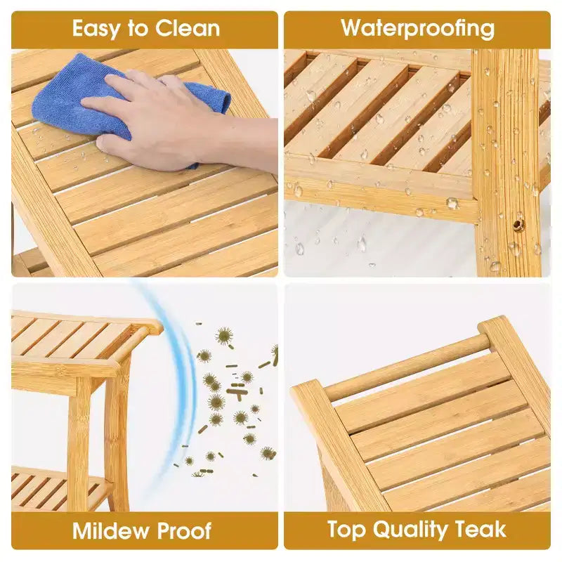 Banc de douche en bambou avec étagère de rangement, étanche, capacité de 150 kg