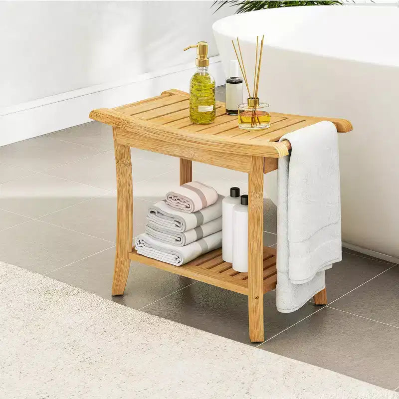 Banc de douche en bambou avec étagère de rangement, étanche, capacité de 150 kg