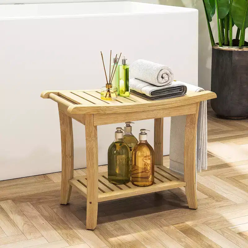 Banc de douche en bambou avec étagère de rangement, étanche, capacité de 150 kg