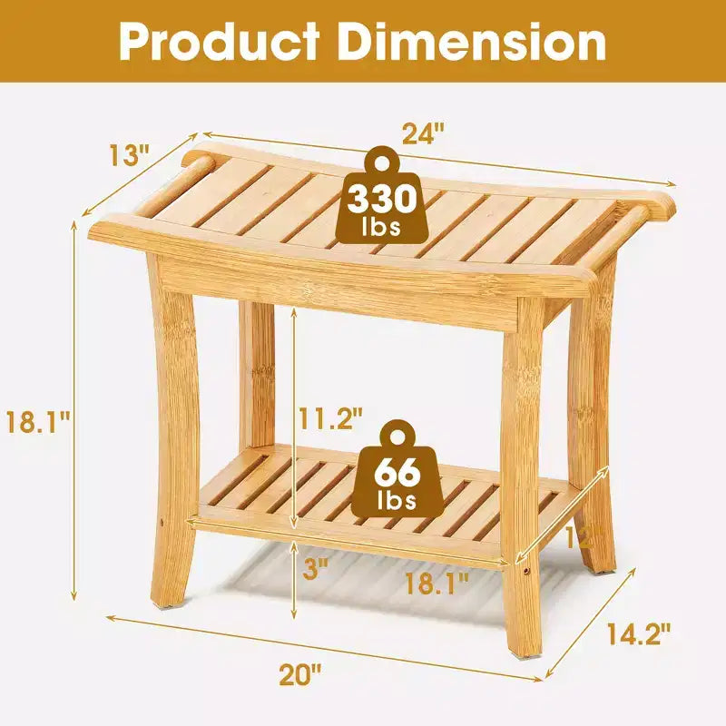 Banc de douche en bambou avec étagère de rangement, étanche, capacité de 150 kg