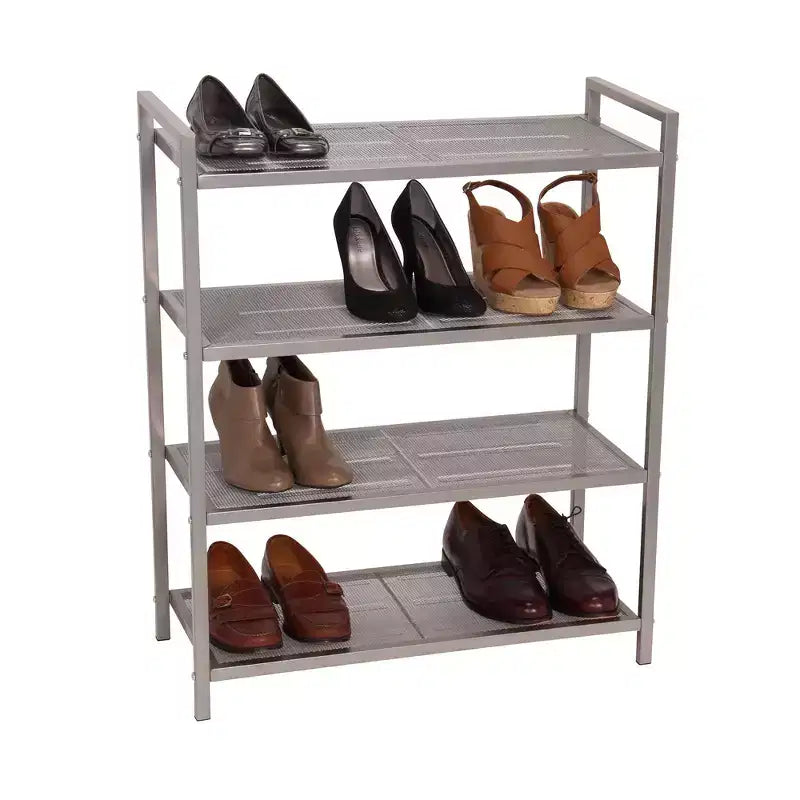 Étagère à chaussures en métal à 4 niveaux, étagères grillagées avec supports centraux, cadre durable avec poignées, capacité de 12 paires, nickel