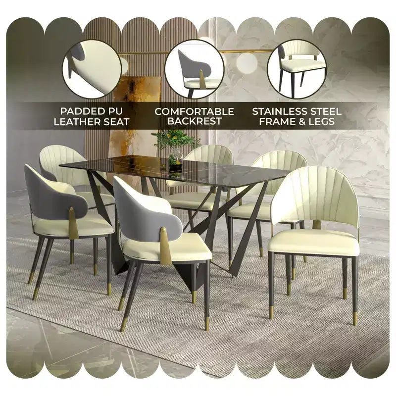 LeisureMod Aria Chaises de salle à manger modernes, lot de 4, revêtement en cuir PU, pieds en métal, sièges confortables pour cuisine et salle à manger