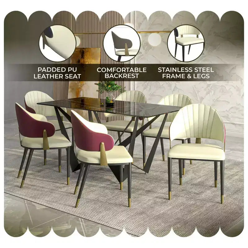 LeisureMod Aria Chaises de salle à manger modernes, lot de 4, revêtement en cuir PU, pieds en métal, sièges confortables pour cuisine et salle à manger