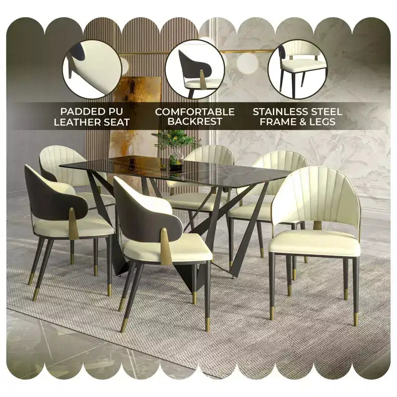 LeisureMod Aria Chaises de salle à manger modernes, lot de 4, revêtement en cuir PU, pieds en métal, sièges confortables pour cuisine et salle à manger
