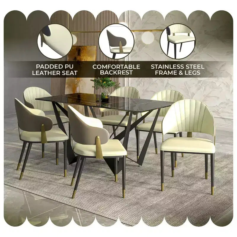LeisureMod Aria Chaises de salle à manger modernes, lot de 4, revêtement en cuir PU, pieds en métal, sièges confortables pour cuisine et salle à manger