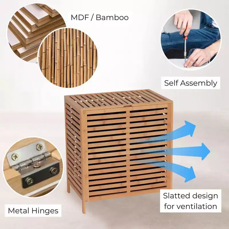 Evideco Panier à Linge en Bambou avec Couvercle, Sac Amovible, Ventilation à Lattes, Grand Panier de Rangement
