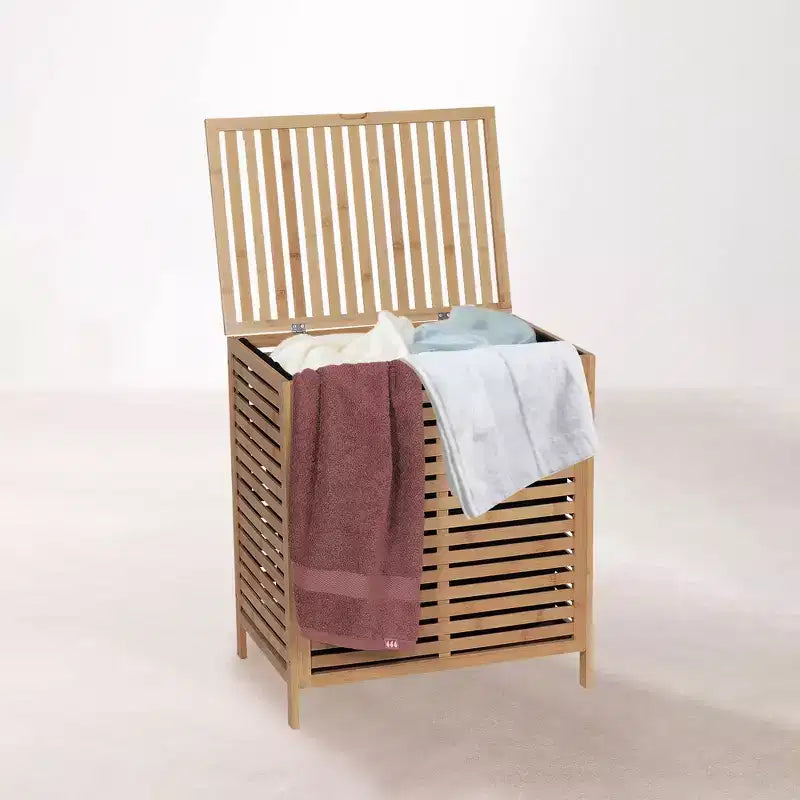Evideco Panier à Linge en Bambou avec Couvercle, Sac Amovible, Ventilation à Lattes, Grand Panier de Rangement