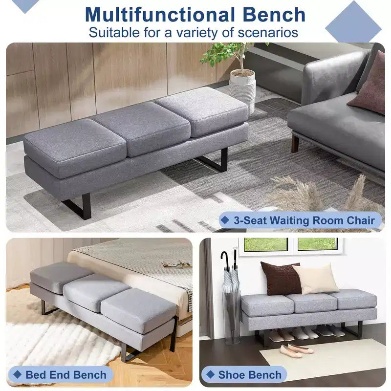 Banc de salle d'attente Costway avec pieds en métal, banc de réception rembourré noir/gris