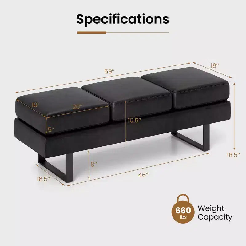 Banc de salle d'attente Costway avec pieds en métal, banc de réception rembourré noir/gris