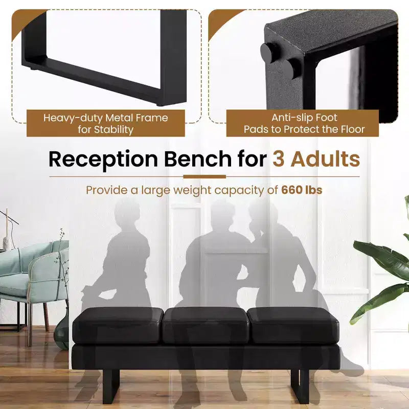 Banc de salle d'attente Costway avec pieds en métal, banc de réception rembourré noir/gris