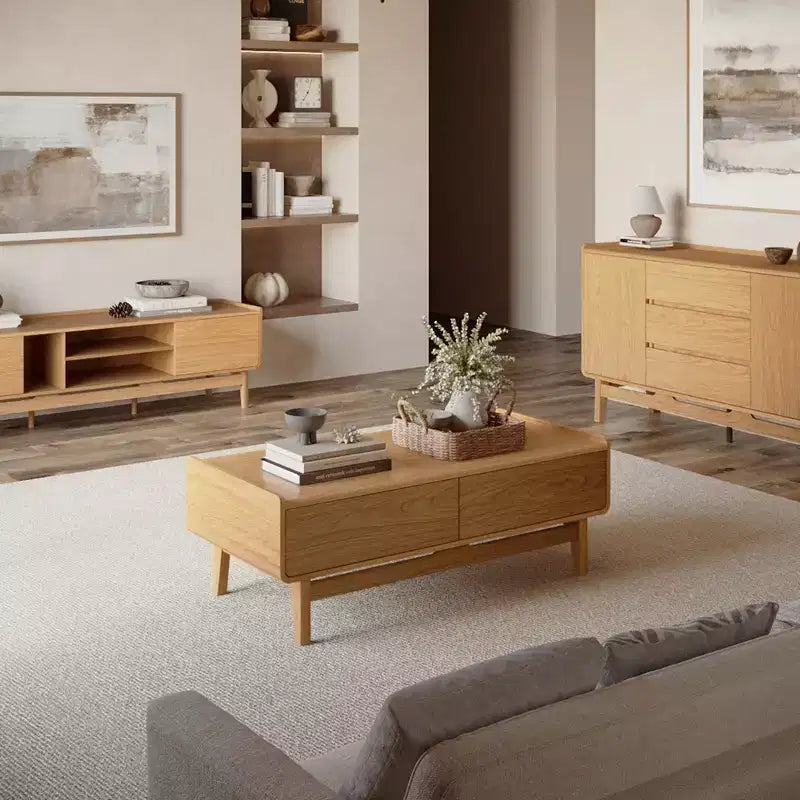 Table Basse Moderne Mid-Century LuxenHome avec Rangement, Table d'Appoint Rectangulaire en Bois de Chêne Été de 119 cm pour Salon, Maison et Bureau, Marron