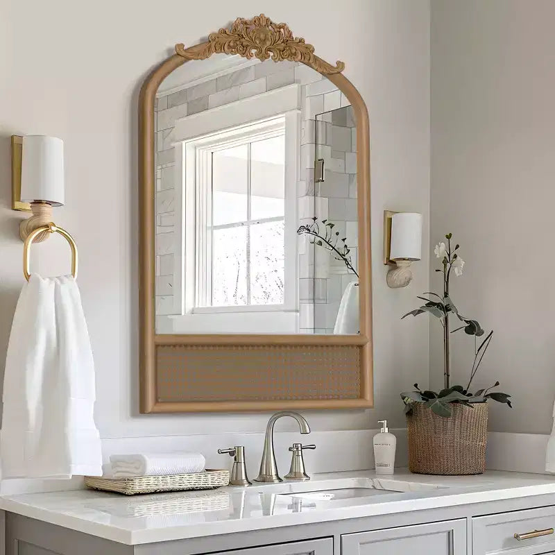 Miroir mural PexFix Classic, avec cadre en bois sculpté en arc et fond en rotin