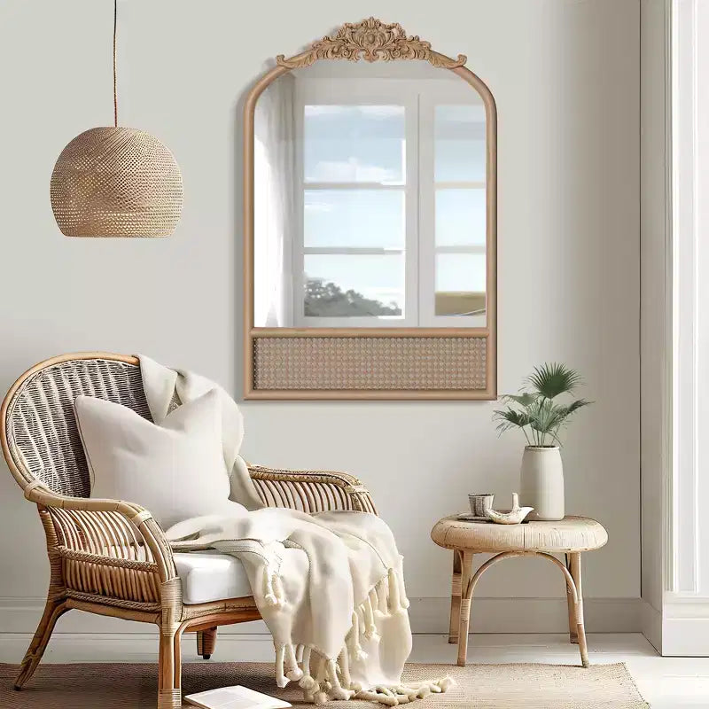 Miroir mural PexFix Classic, avec cadre en bois sculpté en arc et fond en rotin