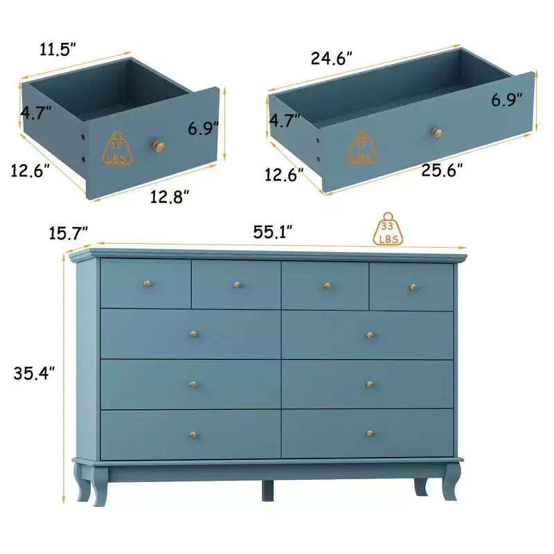 Commode horizontale Hitow à 10 tiroirs avec poignées rondes en métal, commode moderne