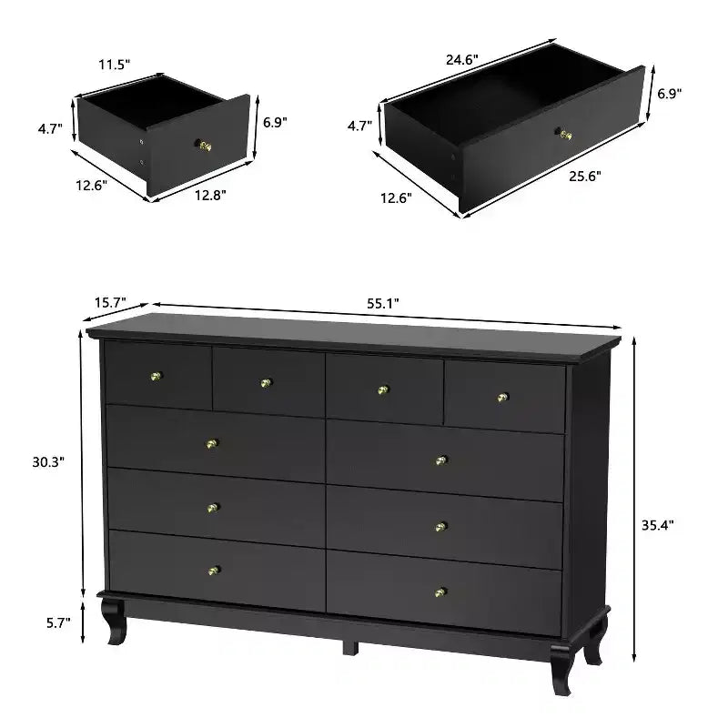 Commode horizontale Hitow à 10 tiroirs avec poignées rondes en métal, commode moderne