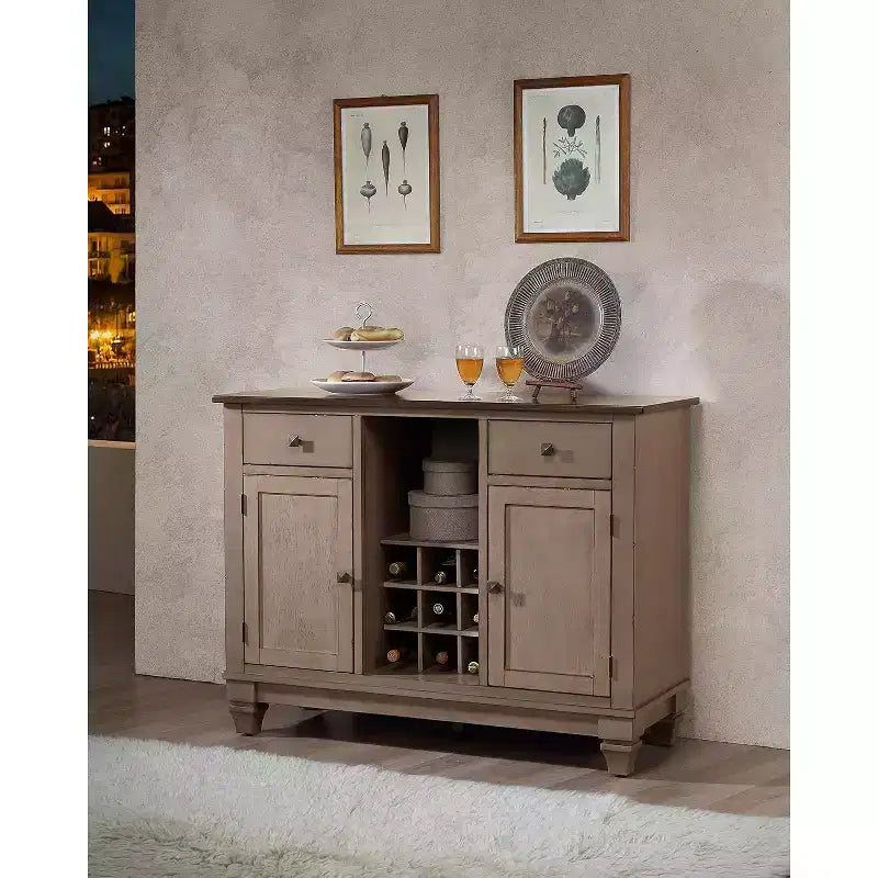 Kings Brand Almon 2-Tone Brown Wood Wine Rack Sideboard Buffet Server Storage Cabinet With Drawers, Shelf and Doors