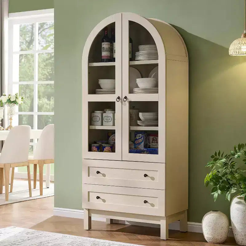 Meuble de rangement haut de 71 po pour garde-manger avec 2 tiroirs et étagères réglables et portes vitrées, armoire de cuisine de style ferme moderne