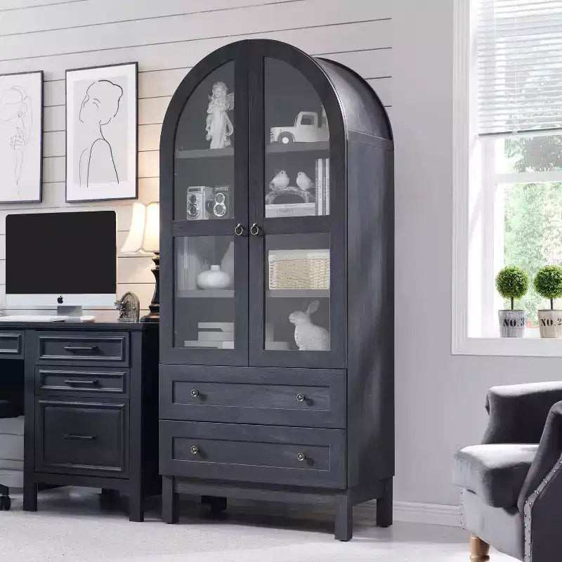 Meuble de rangement haut de 71 po pour garde-manger avec 2 tiroirs et étagères réglables et portes vitrées, armoire de cuisine de style ferme moderne