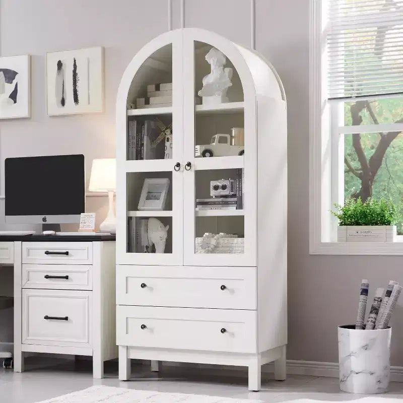 Meuble de rangement haut de 71 po pour garde-manger avec 2 tiroirs et étagères réglables et portes vitrées, armoire de cuisine de style ferme moderne