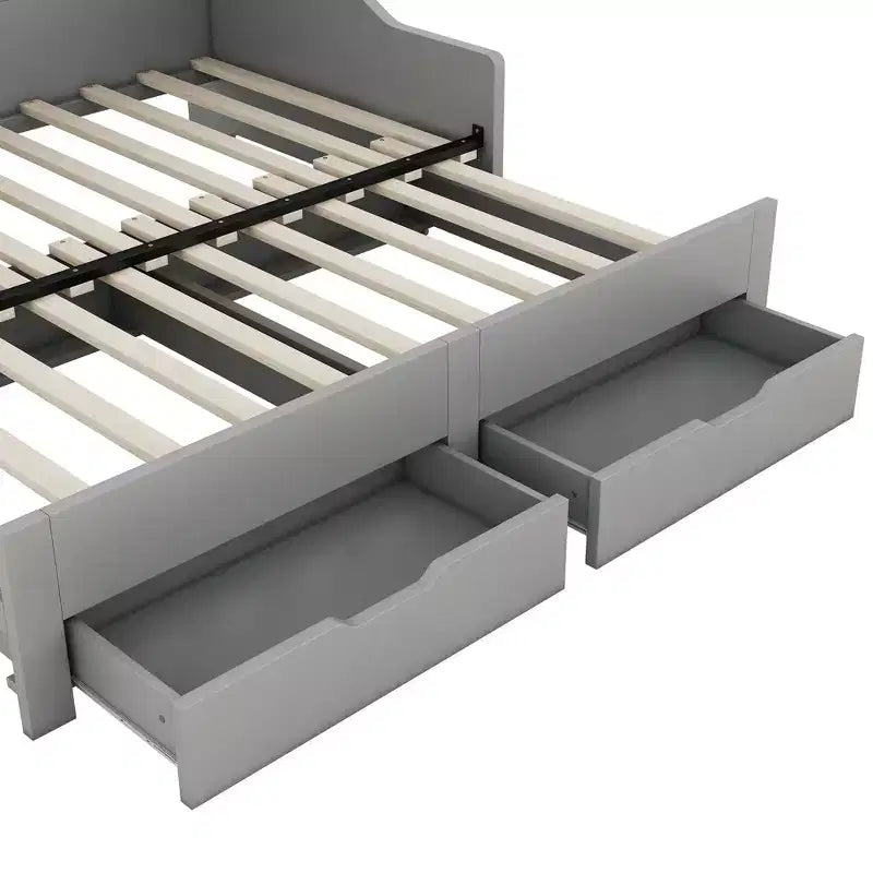 Lit de repos double à très grand lit avec ports USB, bibliothèques de rangement et deux tiroirs, Blanc/Gris-ModernLuxe
