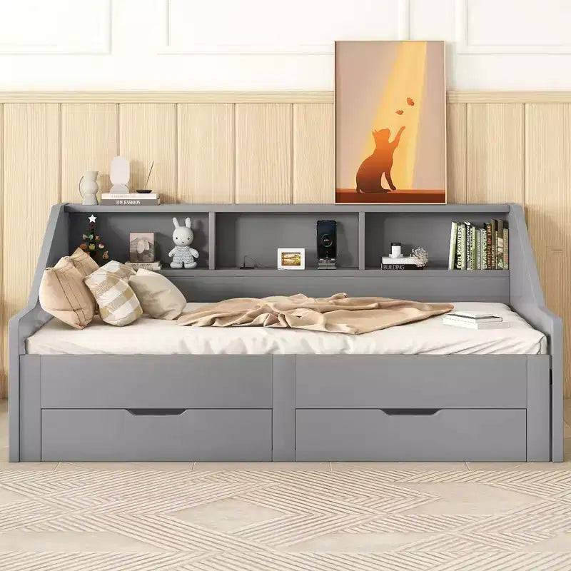 Lit de repos double à très grand lit avec ports USB, bibliothèques de rangement et deux tiroirs, Blanc/Gris-ModernLuxe