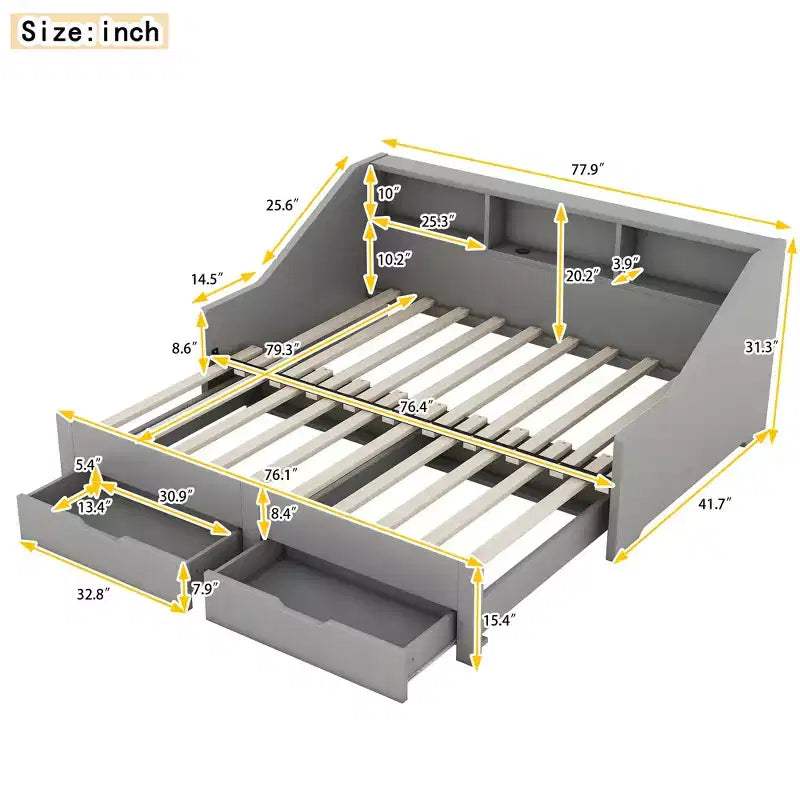 Lit de repos double à très grand lit avec ports USB, bibliothèques de rangement et deux tiroirs, Blanc/Gris-ModernLuxe