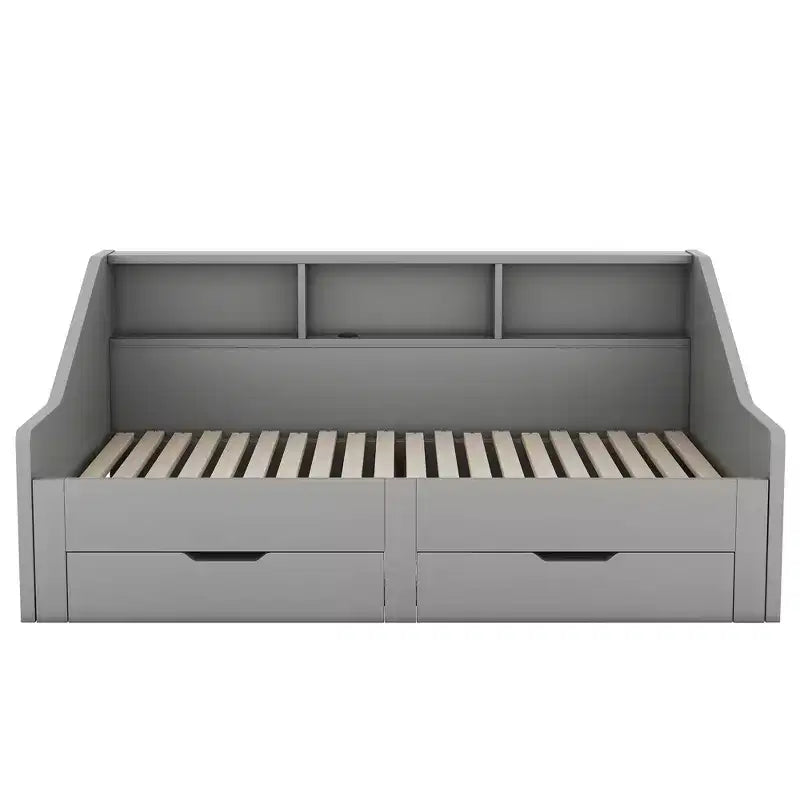 Lit de repos double à très grand lit avec ports USB, bibliothèques de rangement et deux tiroirs, Blanc/Gris-ModernLuxe