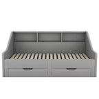 Lit de repos double à très grand lit avec ports USB, bibliothèques de rangement et deux tiroirs, Blanc/Gris-ModernLuxe