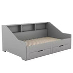 Lit de repos double à très grand lit avec ports USB, bibliothèques de rangement et deux tiroirs, Blanc/Gris-ModernLuxe
