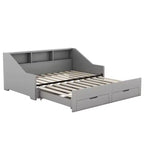 Lit de repos double à très grand lit avec ports USB, bibliothèques de rangement et deux tiroirs, Blanc/Gris-ModernLuxe