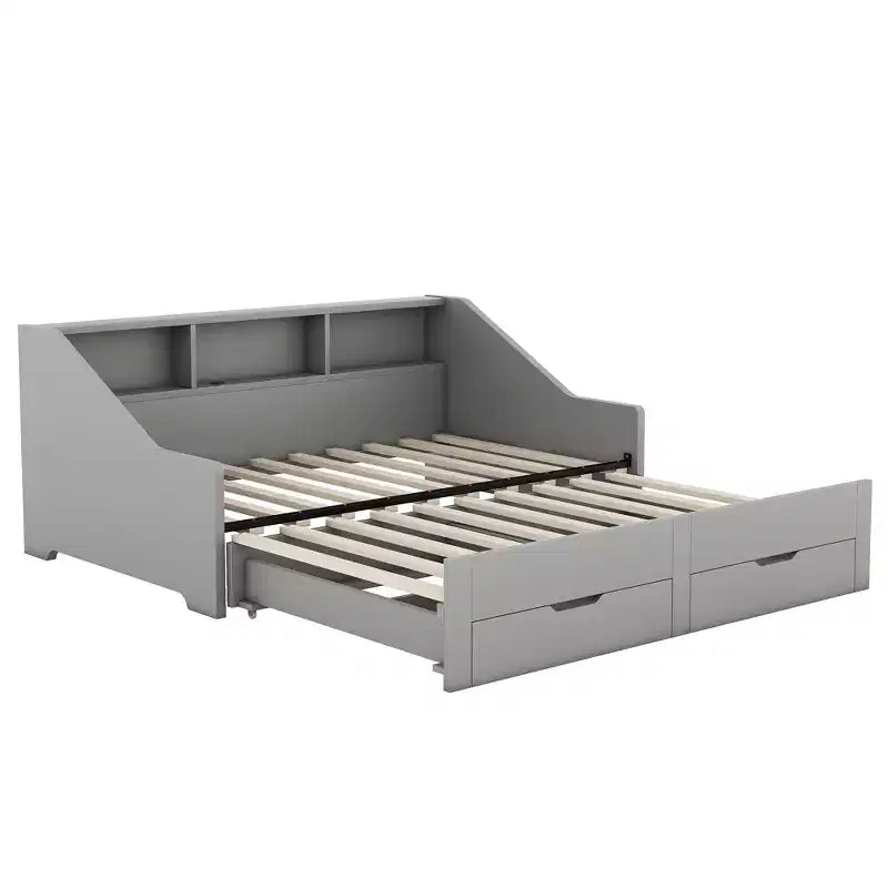 Lit de repos double à très grand lit avec ports USB, bibliothèques de rangement et deux tiroirs, Blanc/Gris-ModernLuxe