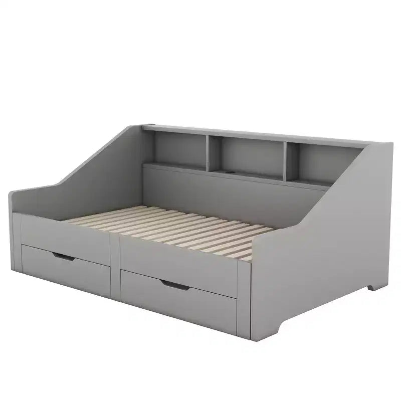 Lit de repos double à très grand lit avec ports USB, bibliothèques de rangement et deux tiroirs, Blanc/Gris-ModernLuxe