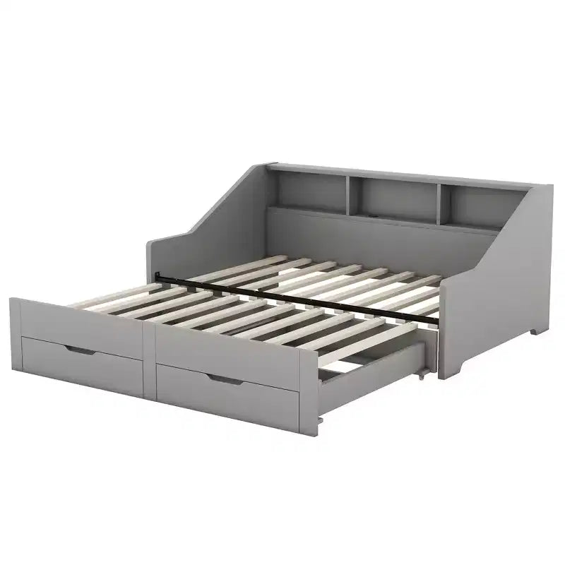 Lit de repos double à très grand lit avec ports USB, bibliothèques de rangement et deux tiroirs, Blanc/Gris-ModernLuxe