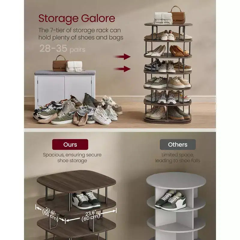 VASAGLE Étagère à chaussures 7 niveaux, Tour à chaussures rotative, Organisateur de placard à chaussures, Étagère à chaussures, 28-35 paires, 60 x 60 x 120 cm