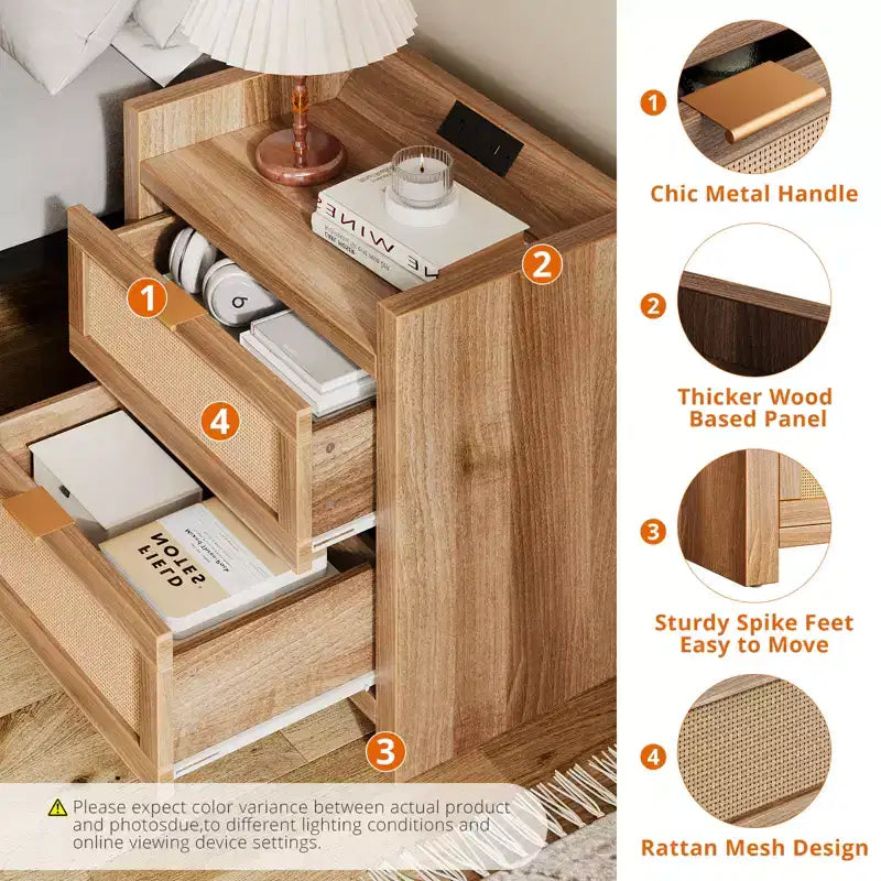 Ensemble de 2 tables de chevet, Tables de chevet modernes, Tables de nuit avec 2 tiroirs en rotin PE, Tables de chevet en rotin pour chambre à coucher et salon